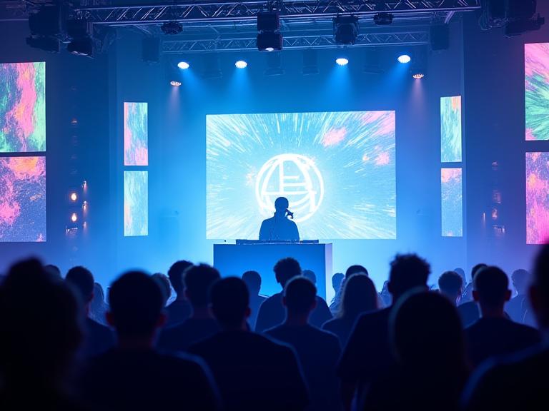Tech startup product launch event with live electronic music